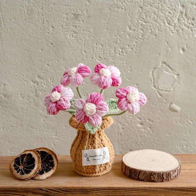 Handmade Crochet Flowers, 6 Inches Small Potted Plants, Knitted Desk Decorations for Home Office Decor (Puff Flower)