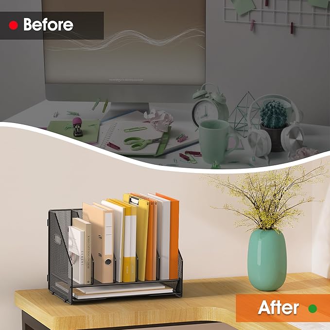 Desk File Folder Holder Organizer-5 Vertical Compartments Racks and Paper Letter Tray,Mesh Magazine File Holder Sorter,Desktop Accessories & Workspace Organizers for Home,Office,School-Black