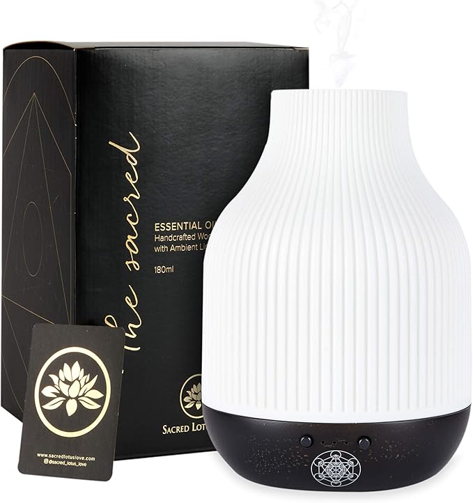 Essential Oil Diffuser Lamp, White Ceramic + Black Wood, Ultrasonic 180ml Whispersoft, 4 Timers | 5 Light Settings, Auto Shut Off, Home + Office, Humidifier Air Purifier Aromatherapy