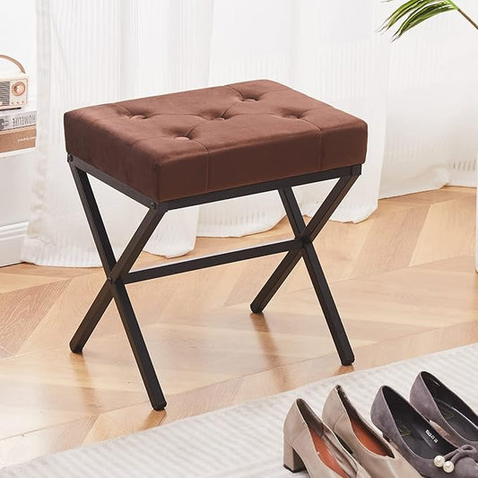 Wimarsbon Ottoman Foot Stool Tufted Vanity Stool Ottomans Thickened Cushion Footstool Mulifunctional Shoe Changing Seat Step Stools with Metal X Leg for Living Room Bedroom Velvet Coffee
