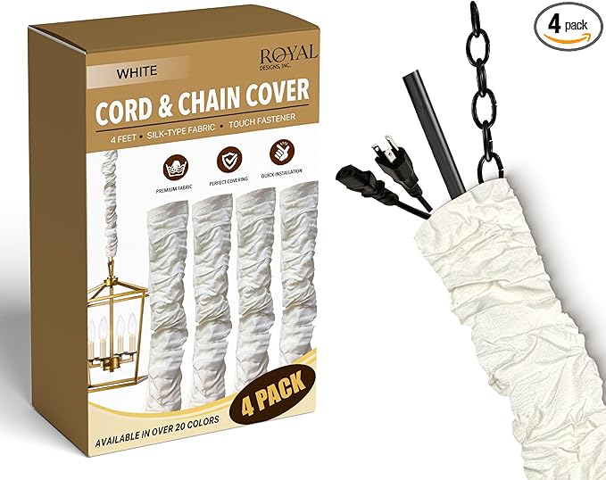 Royal Designs, Inc. Cord & Chain Cover 4 ft Silk Type Fabric, Chandelier Pendant Lighting Chain & Cable Management, Touch Fastener, White - 4 Pack