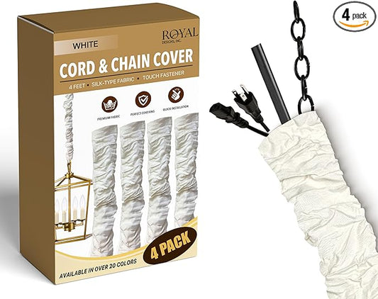 Royal Designs, Inc. Cord & Chain Cover 4 ft Silk Type Fabric, Chandelier Pendant Lighting Chain & Cable Management, Touch Fastener, White - 4 Pack