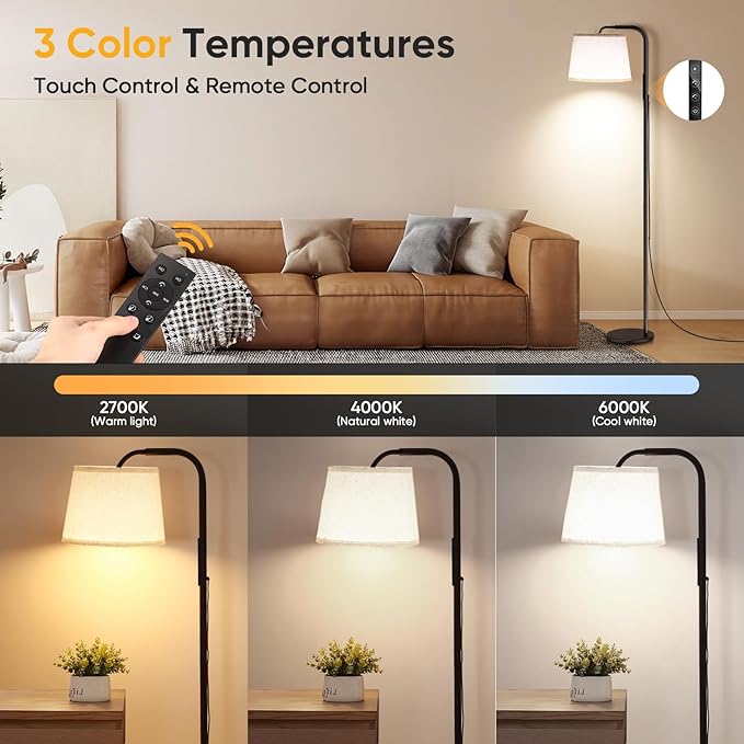 Light Therapy Lamp, 10000 Lux Daylight Lamp with Remote & Touch Control, Adjustable Color/Brightness/Timer, Therapy Light Floor Lamp with Linen Shade for Bedroom, Office, Living Room
