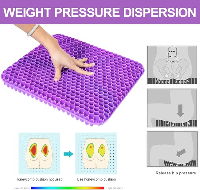 Gel Seat Cushion, for Long Sitting -Double Thick Gel Seat Cushion Breathable Honeycomb Chair Cushion with Non-Slip Cover for Office Chair Car, Wheelchair, Long Trips,Relief Sciatica Pain