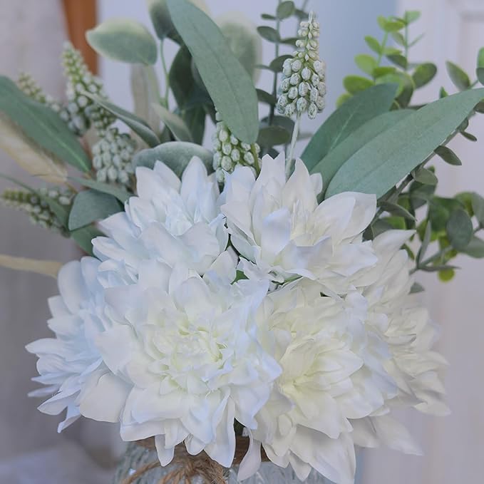 Faux Flowers with Vase,Artificial Silk Flowers in Vase, Fake Plant Eucalyptus and Willow,Flower Arrangement for Home Farmhouse kitchen Dining Table Centerpiece Decorations Coffee Table Decor (White)