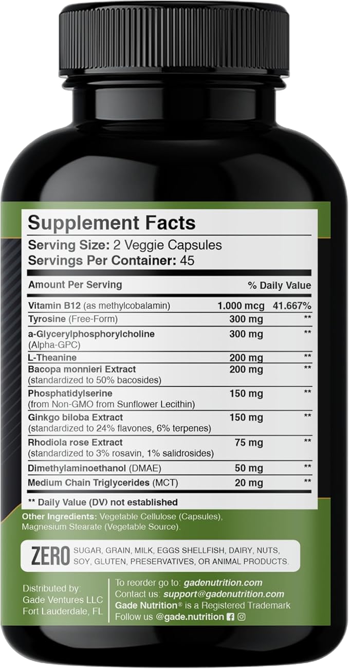 Gade Nutrition Alpha GPC + Ginkgo Biloba + Panax Ginseng + L- Tyrosine, L-Theanine, Bocopa Monnieri, Rhodiola Rosea, B12, MCT