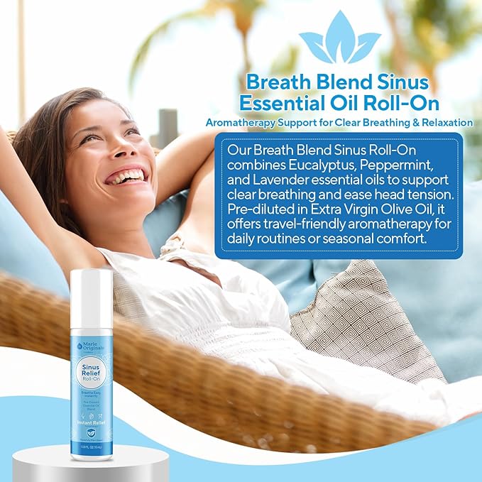Marie Originals Breathe Blend Essential Oils Sinus Roll on | Natural Eucalyptus, Peppermint Lavender Essential Oil Roll on | Aromatherapy Support for Clear Breathing, Head Ease, Relaxation | 10 mL