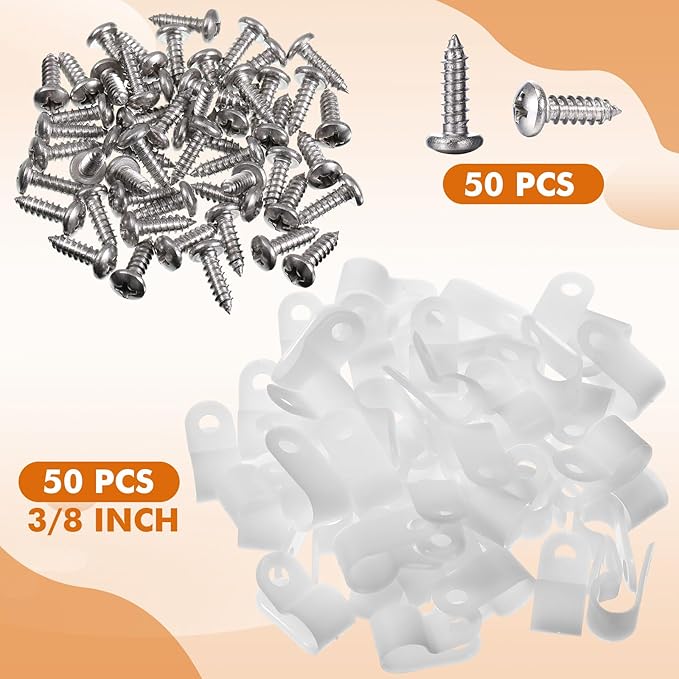 Hicarer 50 Pack R-Type Cable Clip Wire Clamp, Nylon Screw Mounting Cord Fastener Clips with 50 Pack Screws for Wire Management (White,3/8inch)