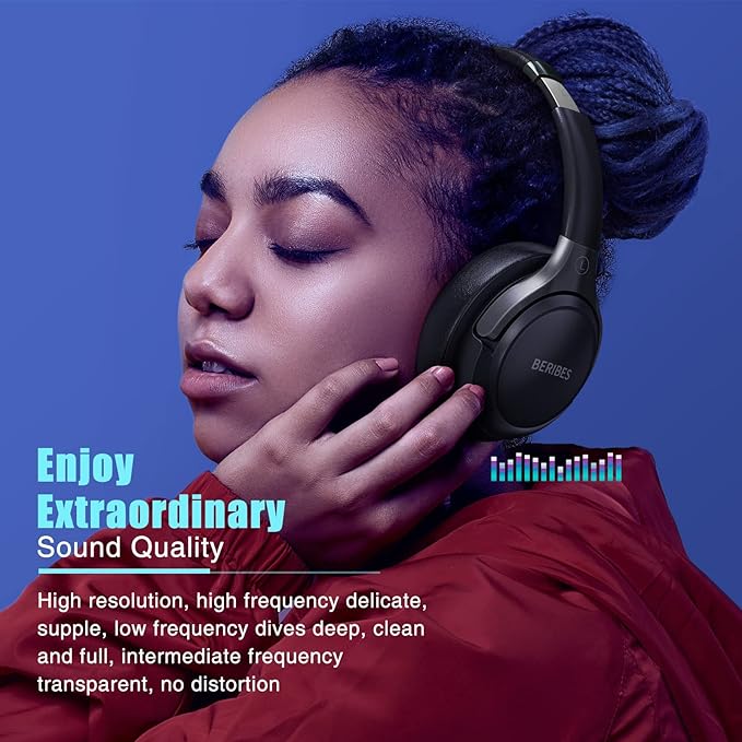 BERIBES Bluetooth Headphones Over Ear, 65H Playtime and 6 EQ Music Modes Wireless Headphones with Microphone, HiFi Stereo Foldable Lightweight Headset, Deep Bass for Home Office Cellphone PC Ect.