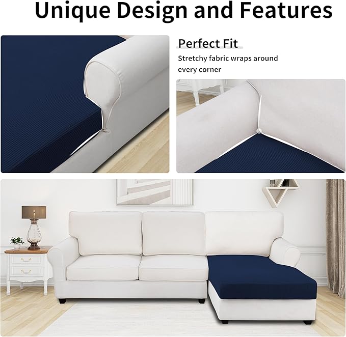 Easy-Going Stretch Sectional Couch Covers 1 Piece Chaise Lounge Slipcover L Shape Separate Cushion Couch Seat Chaise Cover for Both Left/Right Sectional Couch Navy