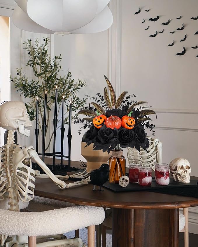 Halloween Artificial Flowers Decorations,Fake Black Roses Eucalyptus Pumpkins with Vase Arrangements Halloween Table Centerpiece for Kitchen Dining Living Room Home Indoor Decor