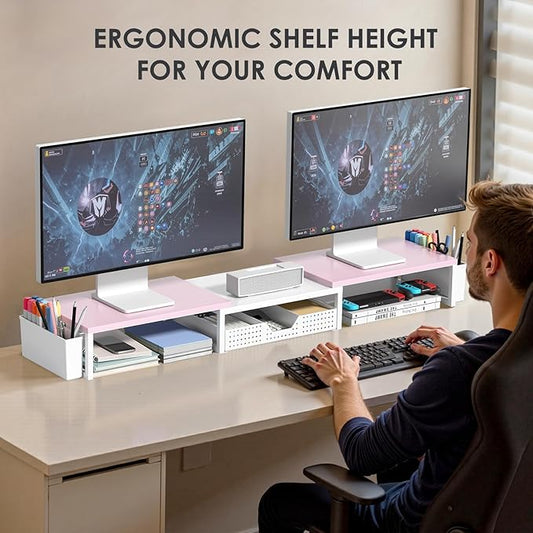Desk Dual Monitor Stand Riser - Desk Organizer with Drawer and Pen Holders, Office Desk Accessories & Workspace Organization, Computer Monitor Stand for Laptop, Printer(Pink＆ White)