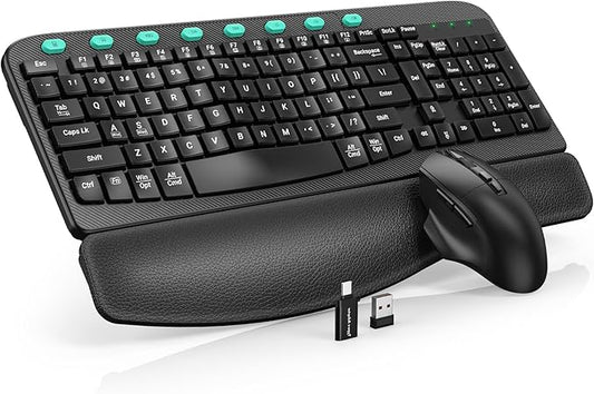 Wireless Keyboard and Mouse Combo – Ergonomic Wave Key, Built-in Leather Soft Palm Rest, 2.4G Full Size, 8 Hotkeys, 6-Button Mouse with 4-Level DPI, Dual USB-A/USB-C, Windows & macOS Compatible