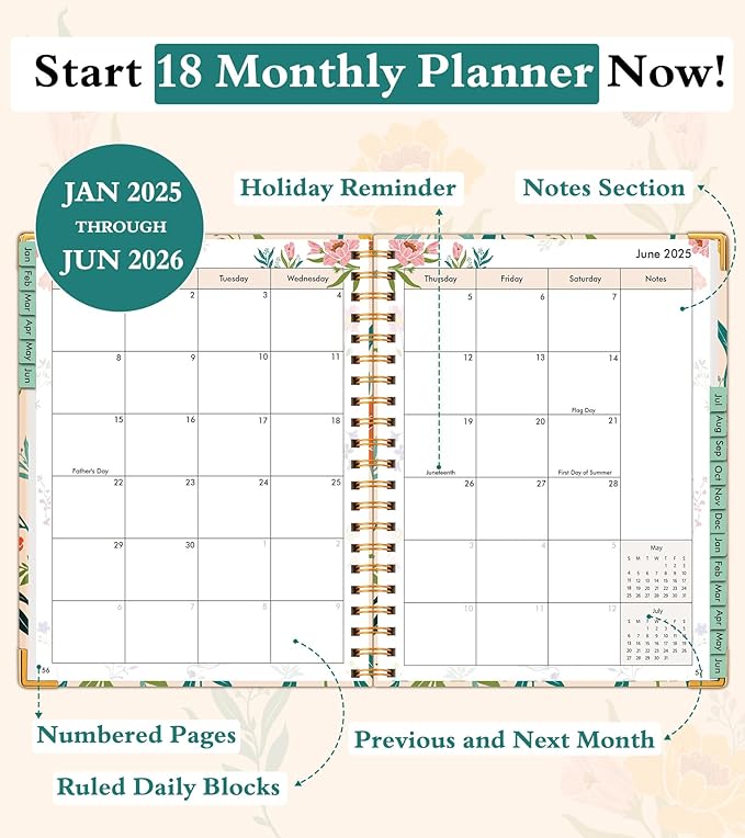 2025-2026 Appointment Book, Academic Planner 18 Months Weekly and Monthly (July 2025 - December 2026), 8.5"x11" Daily Hourly Planner 60-Minute time Slots, Spiral Calendar Schedule Book for Work School Teacher Student, Orange Floral