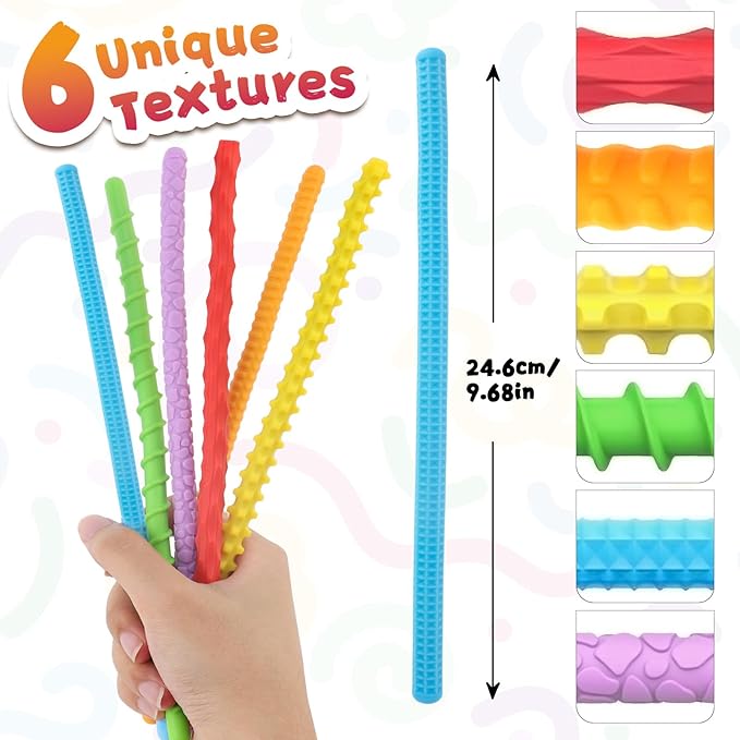 Fidget Toys Silicone Sensory Sticks, Textured Calming Sensory Toys for Kids with Autism, Autism Toy for Anxiety Relief, Travel Toy for Kids 3+ & Adults (6 Pack)