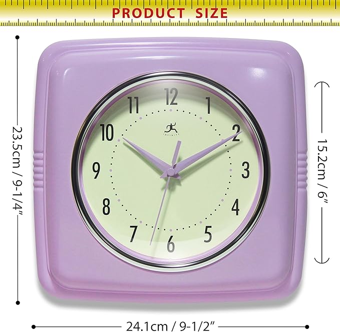 Infinity Instruments Square Retro Wall Clock, Lavender, 9.25"
