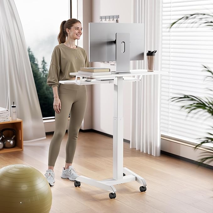 Standing Rolling Desk-Height Adjsutable up to 47.2' Rolling Podium for Teachers, 31.2'× 27.5' Dual Tier Sanding Desk for Classroom, Moveable Laptop Cart, Teacher Podium with Wheels, White