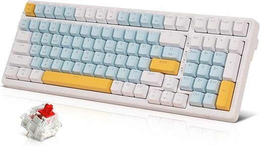 Qisan Wireless/Wired Mechanical Keyboard, Triple Mode 2.4G/USB-C/BT Wireless Gaming Keyboards, 100 Keys (98%) US Layout Red Switch Rechargeable Ice Blue Backlit Keyboard | Blue, Yellow & White