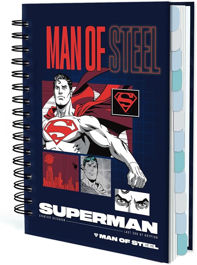 Hardcover Spiral Notebook Journal with 12 Dividers Tabs Weekly&Monthly Planner Productivity Journal Superhero Theme Leather Organizer for Work School Adults Teens and Professionals (SUPERM-REDBLACK)