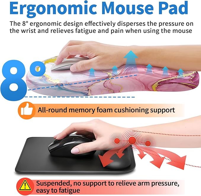 Ergonomic Mouse Pad with Wrist Rest Support, Mousepad with Comfortable Memory Foam Wrist Rest and Non-Slip PU Base for Pain Relief, Computer, Laptop, Office, Home (Pink Marble)