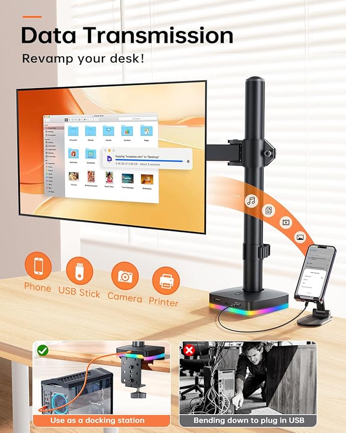 RGB Single Monitor Stand, Fully Adjustable Monitor Desk Mount Sturdy Stepped Arm Design up to 17.6lbs Desk Mount withRGB USB & USB-C High Speed Data Transfer C-Clamp 75x75/100x100 VESA