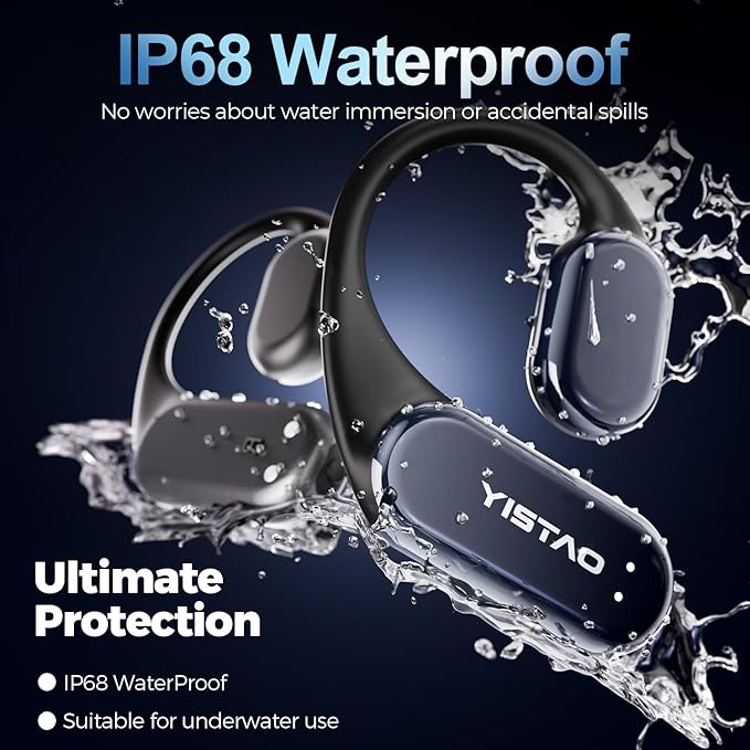 True Bone Conduction Headphones, Open Ear Earbuds with Ear Hooks, Up to 60 Hours Playtime with Charging Case, Bluetooth 5.3, IP68 Waterproof, for Running, Yoga, Gym, Sports