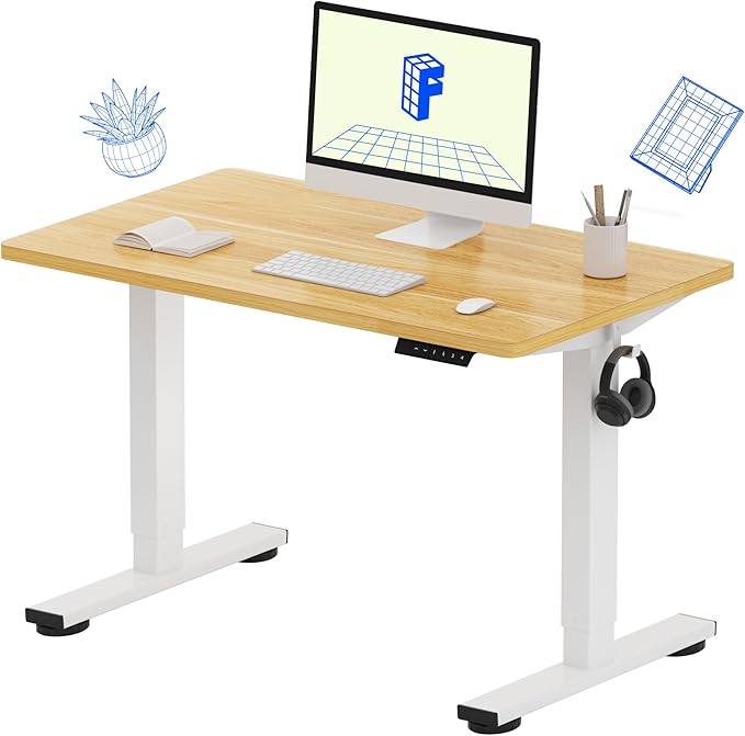 FLEXISPOT EN1 One Piece Standing Desk, 40 x 24 Inches Adjustable Height Desk for Small Space Electric Sit Stand Home Office Table Computer Workstation (White Frame + Maple Desktop)