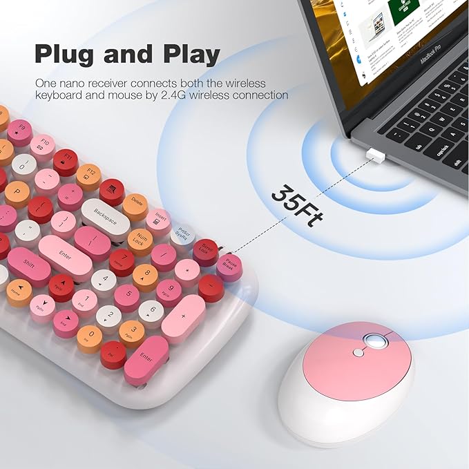 MOFII Wireless Keyboard and Mouse, Typewriter Full Size Keyboard with Number Pad and 2 in 1 USB Connected Mouse for Mac, Windows 7/8/10, Laptop, Desktop, PC, Computer (White Colorful)