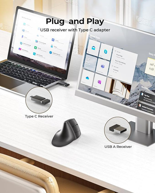 seenda Ergonomic Mouse Rechargeable, 2.4G USB & Type C Vertical Wireless Ergo Mouse with Instant Desktop Return Key, Quiet Click, Palm Rest, Anti-Slip Optical Mice for Mac OS, Windows PC Laptops