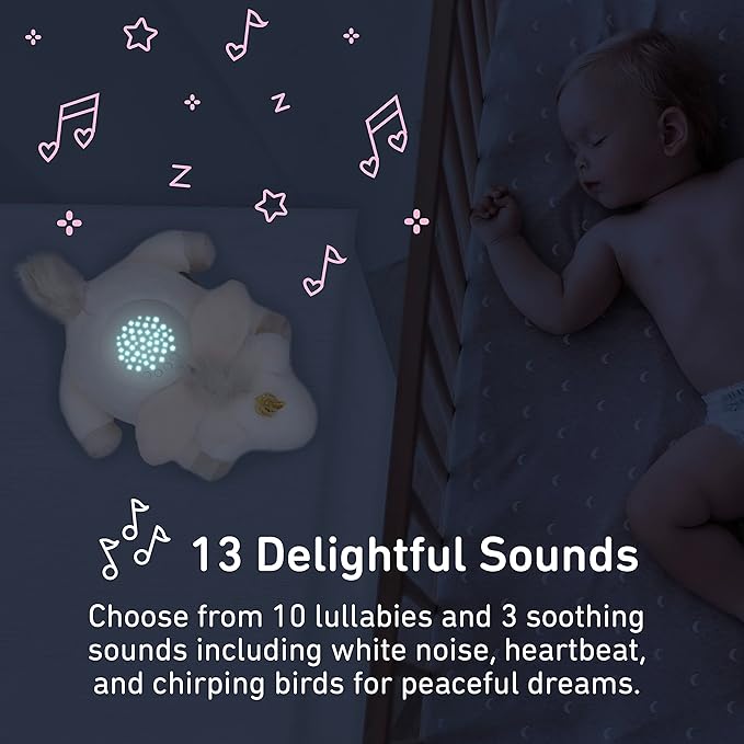 PureBaby Sound Sleepers Portable Sound Machine & Star Projector - Plush Sleep Aid for Baby and Toddlers with Soothing Night Light Display, 10 Lullabies, White Noise, and Heartbeat Sounds (Unicorn)