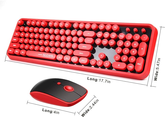 2.4GHz Wireless Typewriter Keyboard with 104 Cute Retro Round Keys, Letton Full Size Wireless Keyboard and Mouse Combo with 3 DPI for Computer Mac PC Laptop-Black/Red
