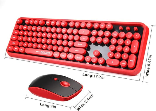 2.4GHz Wireless Typewriter Keyboard with 104 Cute Retro Round Keys, Letton Full Size Wireless Keyboard and Mouse Combo with 3 DPI for Computer Mac PC Laptop-Black/Red