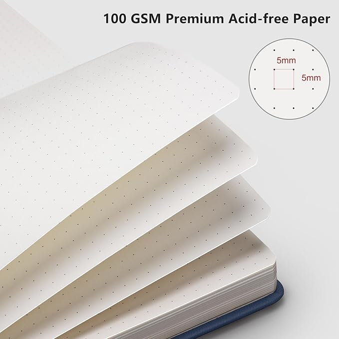 RETTACY Bullet Dotted Journal Notebook, 320 Numbered Pages, A5 Medium Size (5.7'' × 8.3''), Leather Hardcover, 100 GSM Thick Paper, for Bullet Journaling, Planning, Tracking (Navy Blue)