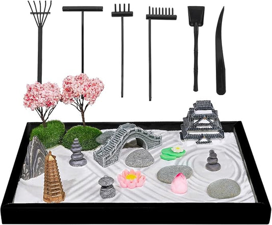 Bbiamsleep Zen Garden Kit for Desk, 9.8 x 7 Inch Mini Zen Sand Garden with 6 Tools, 27 Accessories for Home Office Desktop Japanese Decor