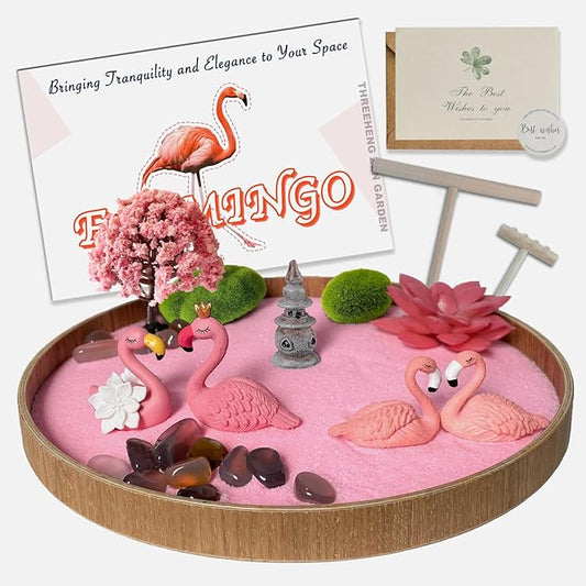 Flamingo Zen Garden for Desk - Pink Flamingo Decor, Sand Tray Therapy Kit for Desk and Office, Cute Japanese Décor Gift for Women, Mini Zen Garden for Relaxation and Stress Relief