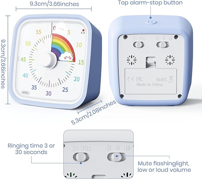 Yunbaoit Visual Timer with Protective Case, Rainbow Disk 60 Minute Countdown Timer for Kids and Adults, Silent Time Management Tool(Light Blue)