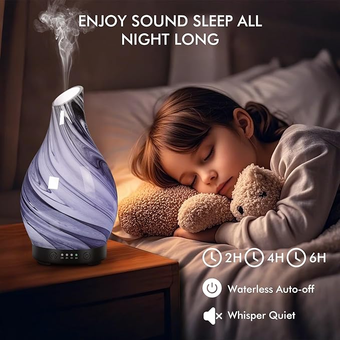 Essential Oil Diffuser Aroma Diffuser- 200 ml Art Glass Ultrasonic Cool Mist Oil Diffuser for Aromatherapy Waterless Auto-Off & 7 Colors Changed LED Light for Home Office Decor & Gift(200ml-Watertank)