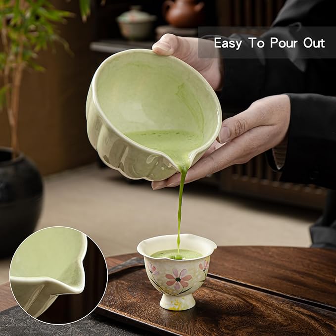 Matcha Whisk Set, Matcha Set Includes Ceramic Matcha Bowl, Bamboo Whisk, Scoop, Chasen Holder, Sifter, 5 Pcs Perfect Matcha Kit for Macha Lover (Mottled Green)
