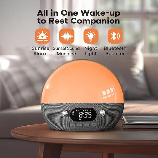 Dekala RestOnn Sunrise Alarm Clock 7-Day Programmable Dual Alarm Clock with Sunset White Noise Sound Machine Natural Sounds Amber Night Light, Bluetooth Speaker, 3000mAh Battery Backup, App Control