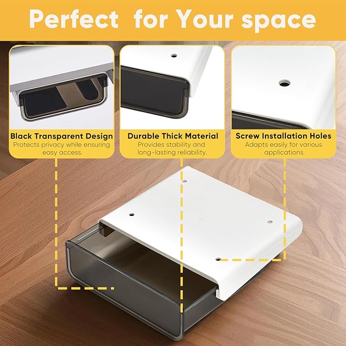 2 Pack Under Desk Drawer Slide Pull Out Plastic Organizer, Attachable Clear Black Acrylic Self Adhesive Mount Hidden Storage for Office & Home, Kitchen, Cabinet, Table, Counter, Space Saving