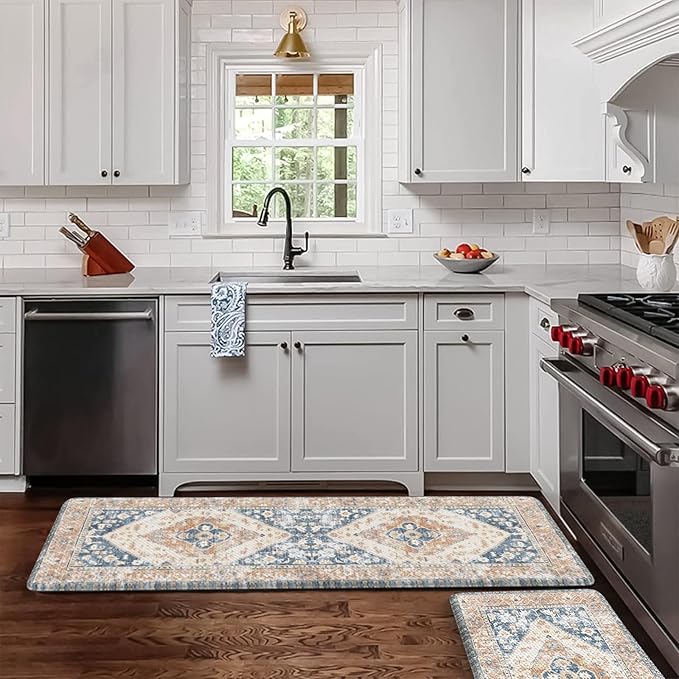 KIMODE Anti Fatigue Kitchen Mat 2PCS,Non-Skid Waterproof Kitchen Rugs,Farmhouse Kitchen Mat for Floor,Cushioned Comfort Foam Standing Mat for Floor,Office,Sink,Desk,Laundry,Mutil-Blue