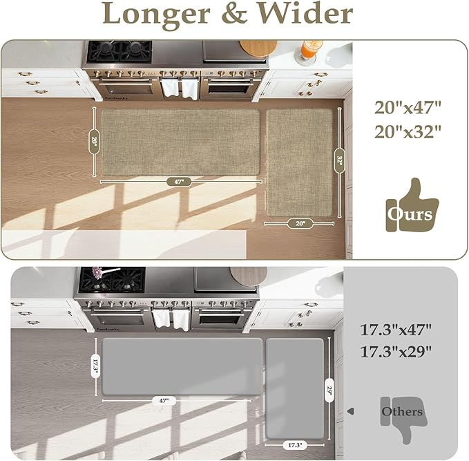 KIMODE Kitchen Mat for Floor Anti Fatigue, 20"x47"+20"x32" Farmhouse Kitchen Rugs Sets of 2, Cushioned Kitchen Floor Mat, Comfort Textilene Standing Mat for Laundry Office Sink Desk Light Brown