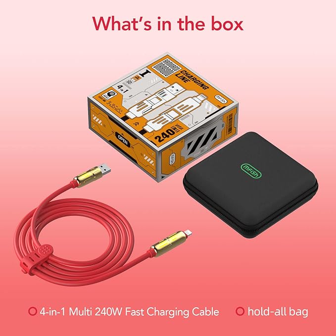 MFish 4-in-1 Universal USB Charging Cable with Carrying Case – 240W Max Fast Charger Cord, USB-A, Dual USB-C & Lighting, for iPhone 14/15/16/17 Series, iPad & MacBook and More (Red, 6.6Ft)