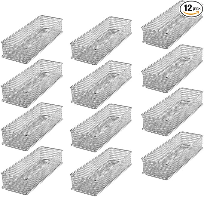 YBM HOME Silver Mesh Drawer Cabinet and or Shelf Organizer Bins, School Supply Holder Office Desktop Organizer Basket (12, 3x9x2 Inch)