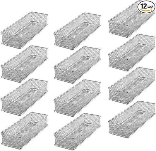 YBM HOME Silver Mesh Drawer Cabinet and or Shelf Organizer Bins, School Supply Holder Office Desktop Organizer Basket (12, 3x9x2 Inch)