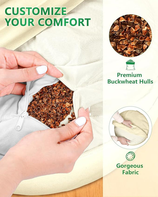 Hihealer Meditation Cushion Set Large Velvet Floor Pillow & Traditional Tibetan Yoga Bolster for Adults Zafu Meditation Mat with Buckwheat Filling (Cream)