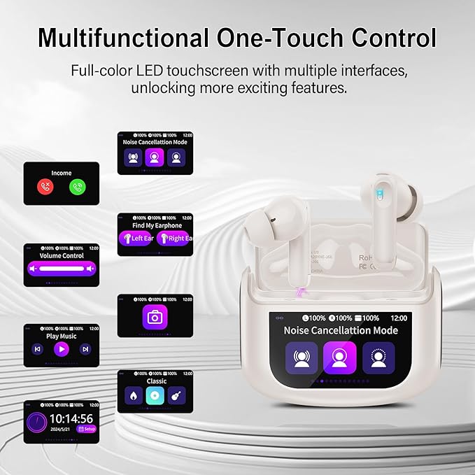 Wireless Earbuds, Bluetooth 5.4 Headphones Multi-Function Touch Screen with 5 EQ Modes, 48H Ear Buds Bass Stereo with ANC Noise Cancelling/Transparency Mode, IPX7 Bluetooth Earbuds, Off White