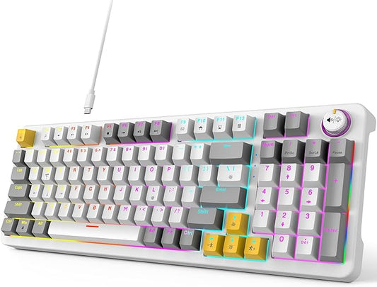 GEEZER AK96 Mechanical Gaming Keyboard - Pre-Lubed Red Switches, 96 Keys Full Size with LED Colorful Backlit, Clicky Creamy Sound, USB Wired Computer Keyboard with Volume Knob for PC, Mac, Windows