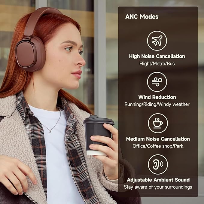 Edifier ES850NB Active Noise Cancelling Headphones, Over Ear Bluetooth Headset, 92H Playtime Wired & Wireless Hi-Res Audio Certified, Fast Charging Clear Calls for Home Office Travel - Brown