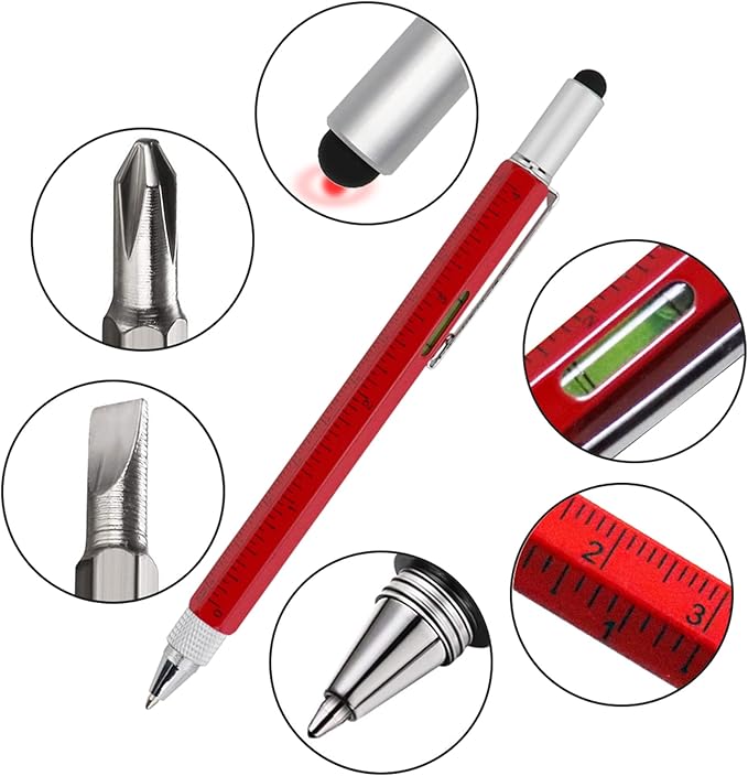 HeTaoCat Gifts Multi Tech Tool - 6 in 1 Stylus Pen with Screwdriver, Ruler, Level Gauge, Ballpoint Pen (Black Ink, Red)